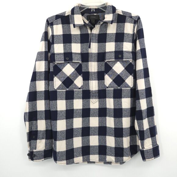 J. Crew wool blend buffalo plaid half zip shacket pullover Size S navy outdoor - Picture 2 of 10
